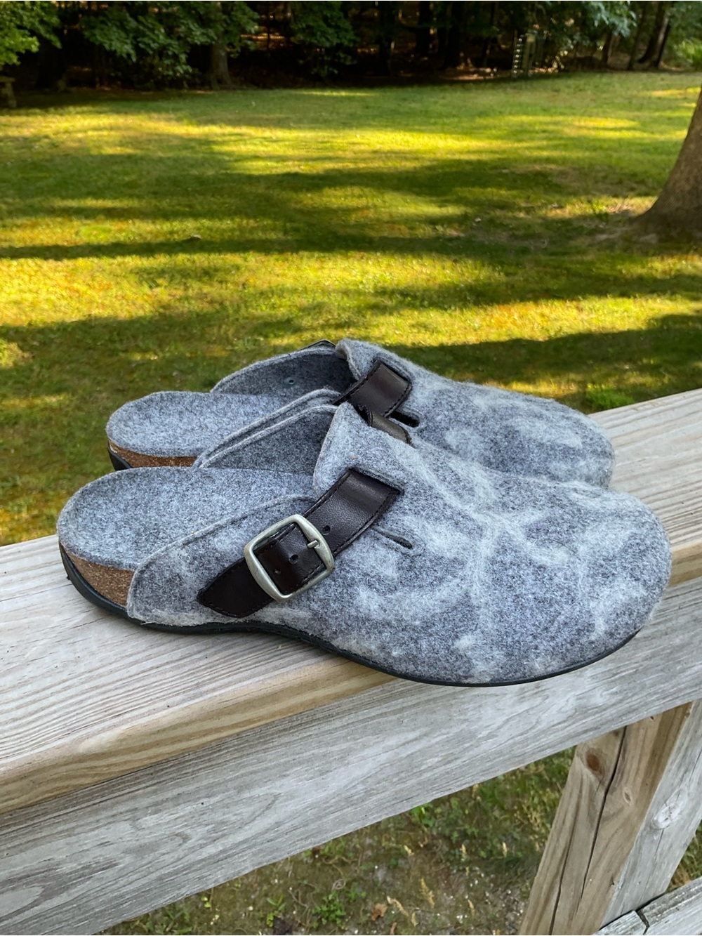 Women’s Gray Felt Clog Mules with Buckle Strap